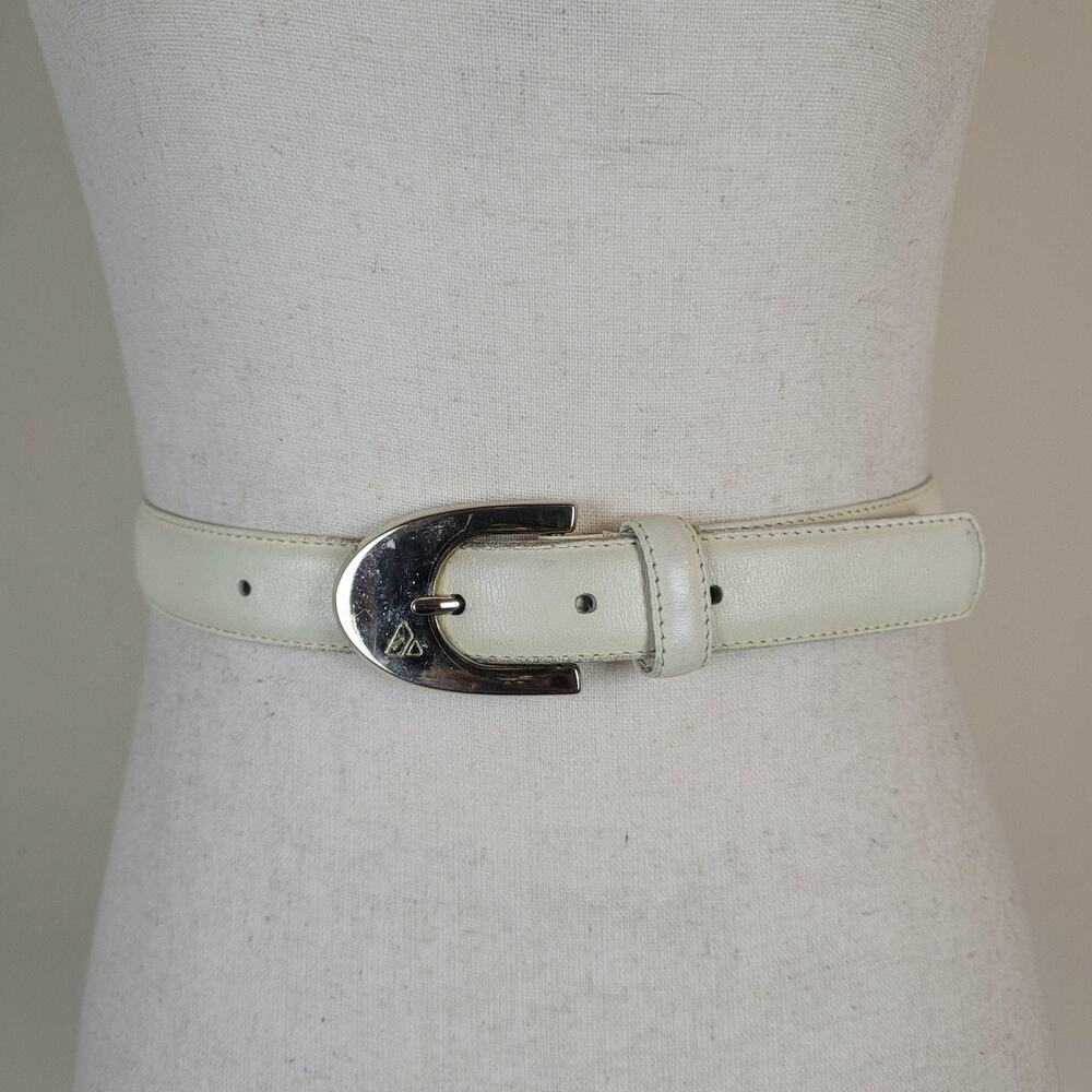 Vintage Liz Claiborne‎ Belt Large Cream Leather Gold Buckle Dress Classic 90s
